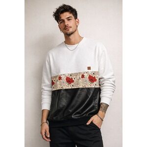 Imperious Mens Floral Faux Leather Colorblock Street Wear Sweatshirt 2XL NEW